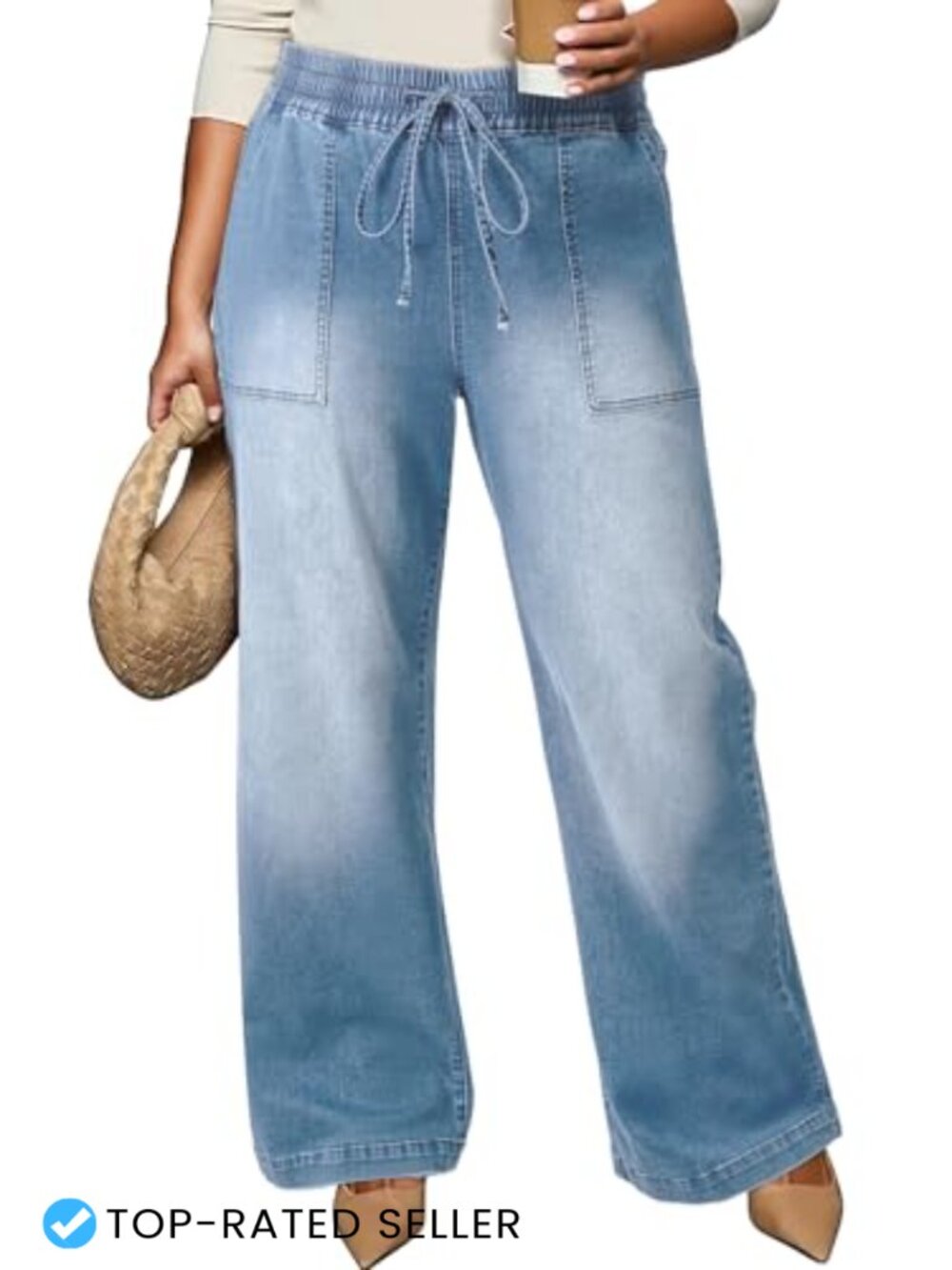 High Waisted Wide Leg Plus Size Jeans with Drawstring Stretchy Denim Pants